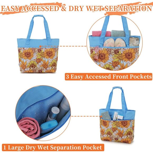 Women's Blue Sun Flower Large Lightweight Zipper Travel Totes Separation Bags - Picture 5 of 7